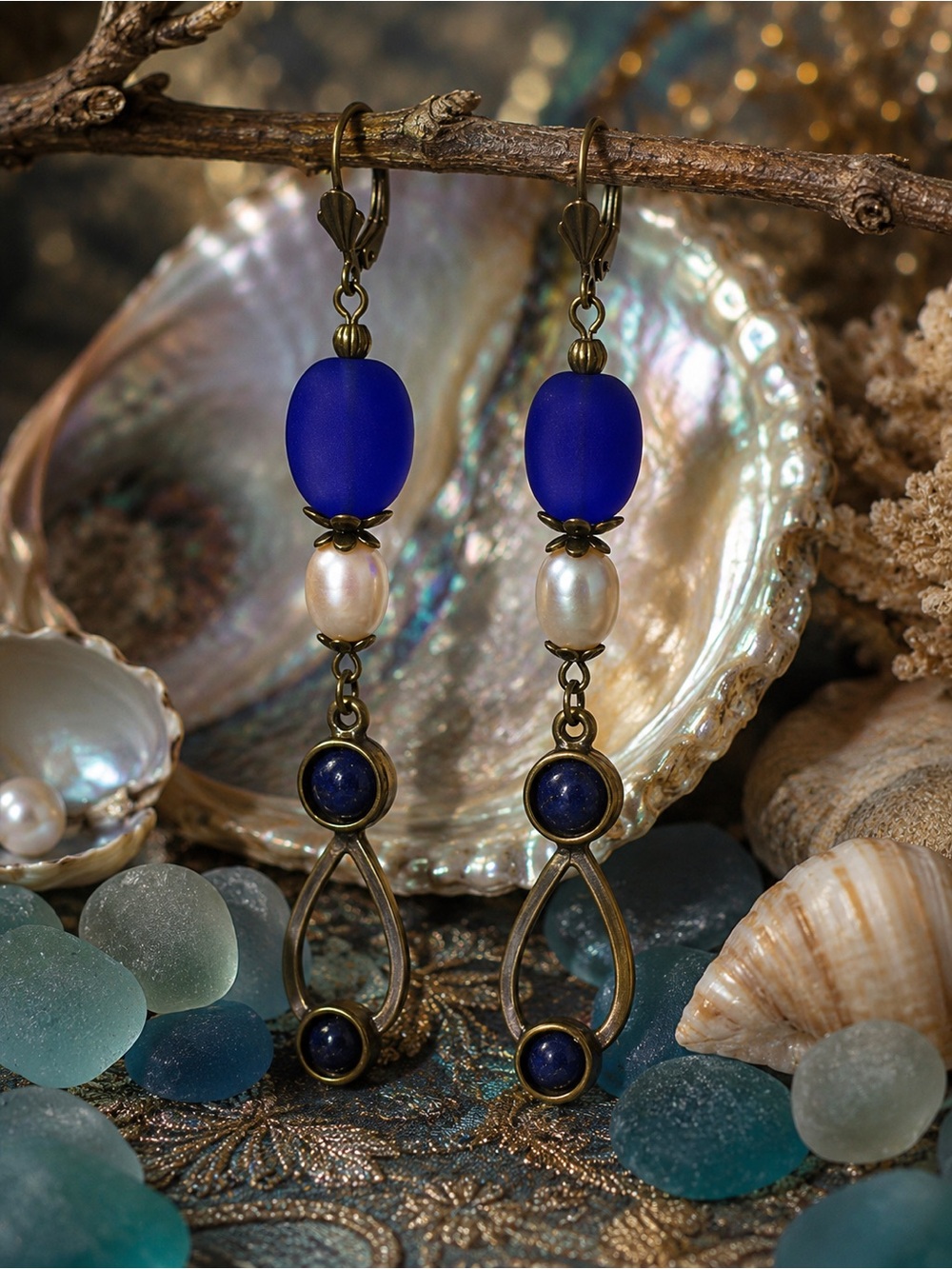Handmade Blue & Pearl Statement Antique Bronze Earrings  Premium Leverbacks